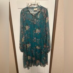 Anthropologie Teal Floral Long Sleeve Dress